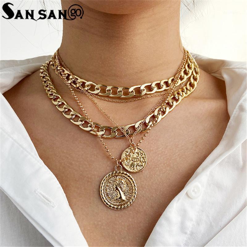 

Chains Multilayer Portrait Coin Pendant Necklace For Women Chunky Thick Chain Choker Necklaces Punk Jewelry Gifts