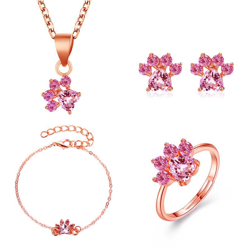 

Earrings & Necklace Bear Cat Claw Jewelry Sets For Women Rose Gold Rings Stud Bracelet Wedding Pink Crystal Love Gifts, Silver