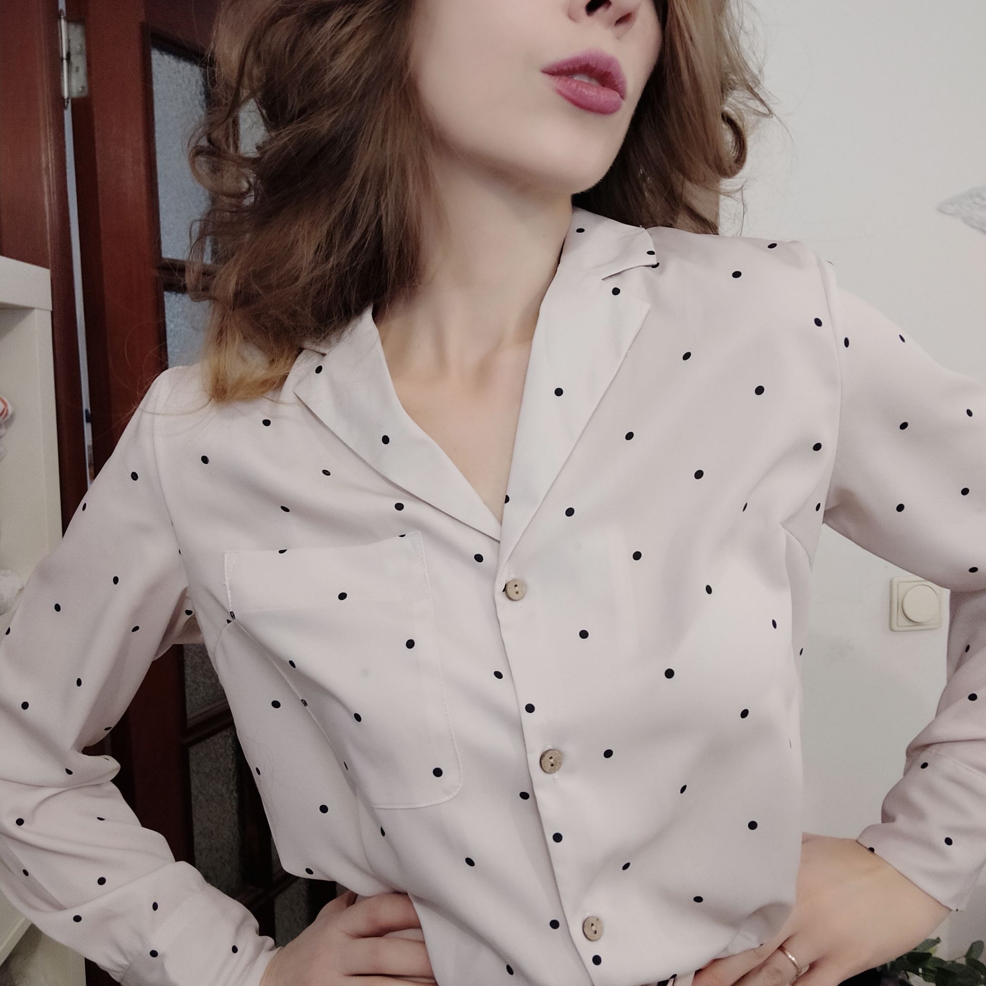 

Pocket Long Sleeve Turn Down Collar Women's Shirts Office Lady Polka Dot Cotton Casual Shirts 2022 New Spring Blouses, Blue