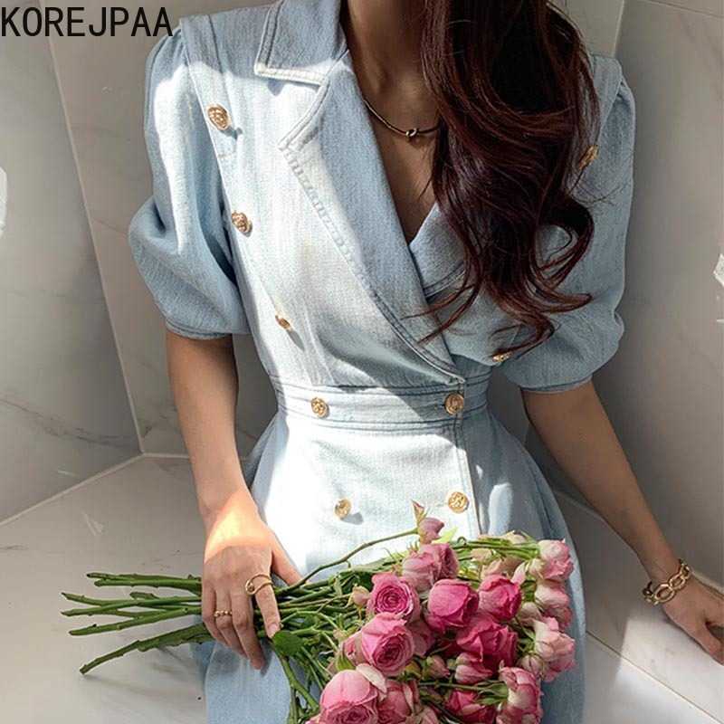 

Korejpaa Women Dress Korea Chic Retro Temperament Lapel Metal Double-breasted Waist Puff Sleeve Blue Denim Long Vestido 210526, Picture color