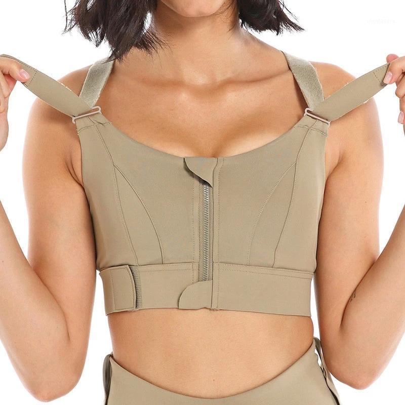 Yoga Outfit Women Sports Bras Tights Crop Top Vest Front Zipper Plus Size Adjustable Strap Shockproof Gym Fitness Athletic Brassiere-image-747673128