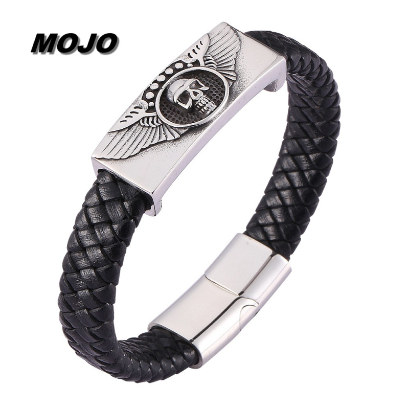

Top Quality Viking Men Stainless Steel Skull Charm Bracelets Magnetic Buckle Black Genuine Leather Bracelet