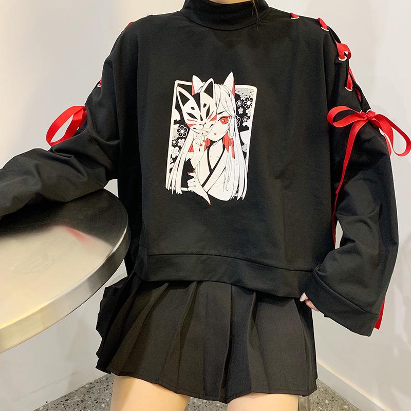 

Women's Hoodies & Sweatshirts Spring Autumn Girl Harajuku Japanese Printed Long Sleeve Half High Collar Lace Y2k Thin Sweatshirt Sweater Cas, Black