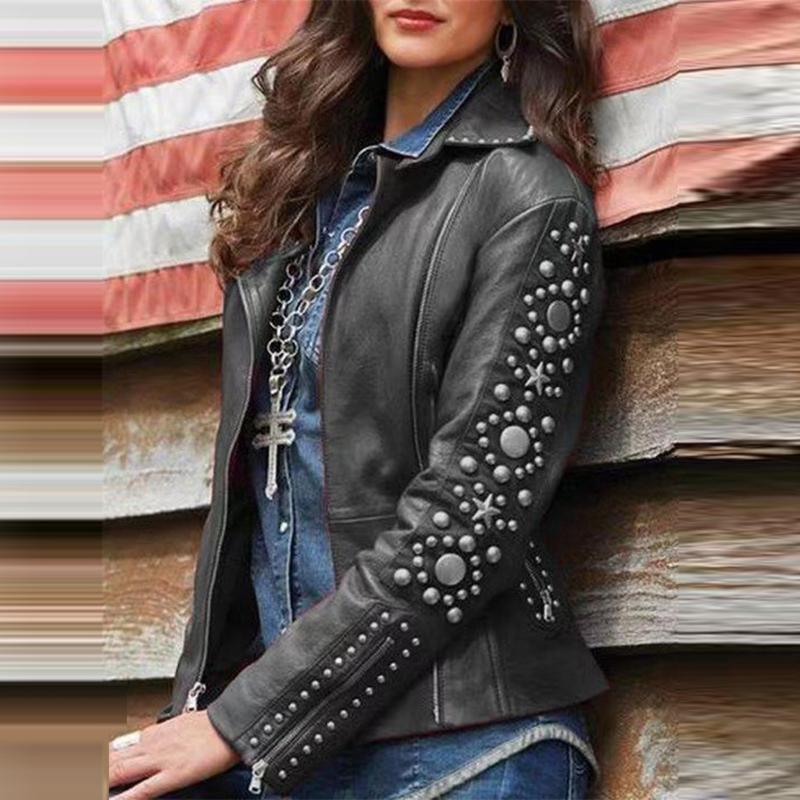

Women' Jackets Women Rhinestone PU Leather Jacket Solid Long Sleeve Lapel Zip Coats Short Biker Outerwear Streetwear Coat Windbreaker Black