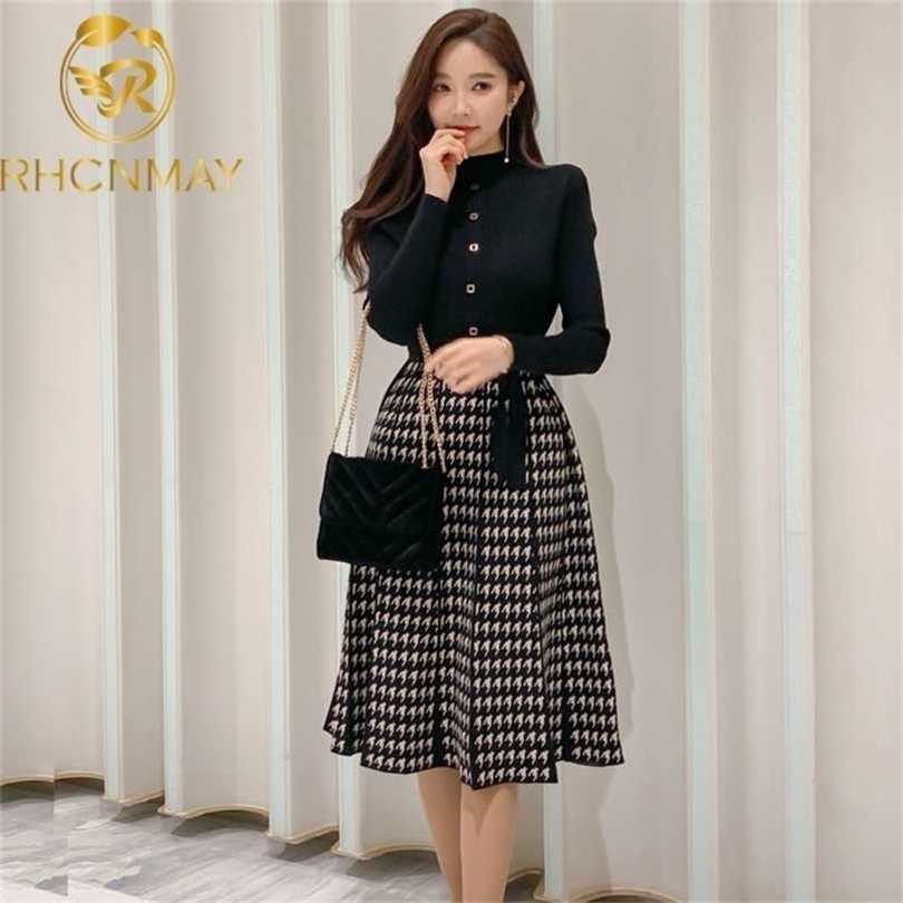 

Winter Women' Korean Style Knit Dress Fashion Turtlenck sweater Spliced Plaid High Waist A-line Vestidos Knee Length 211109, Black