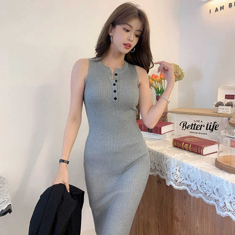 

Summer side split sleeveless vest bottoming tight package hip single-breasted V-neck knitted dress 210603, Black