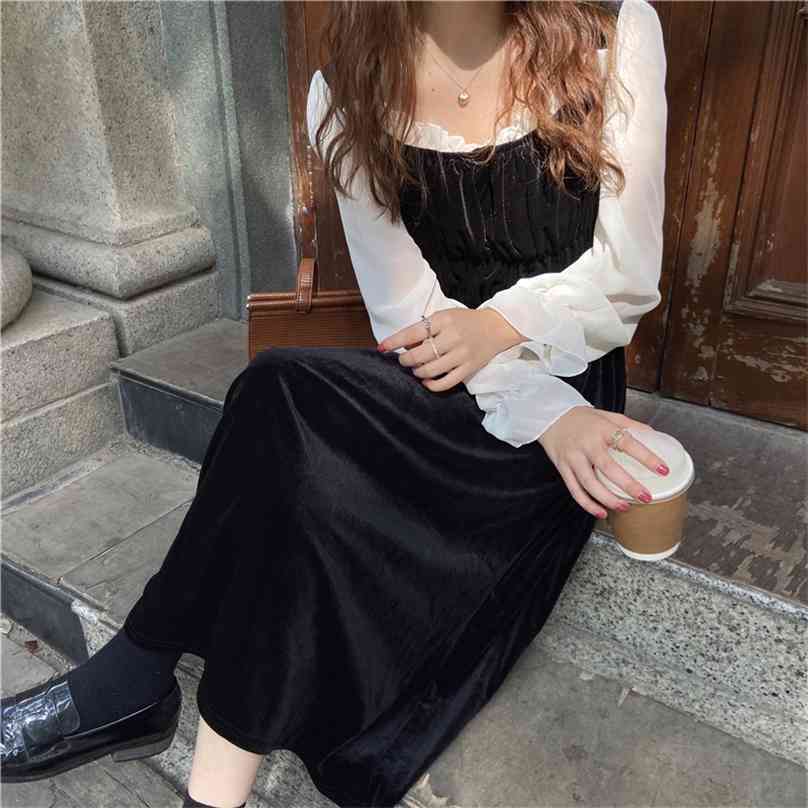 

Women French Patchwork Retro Square Collar Velvet Dresses Loose Long Gentle Elegant Chic Female Fashion Clothe 210525, Black