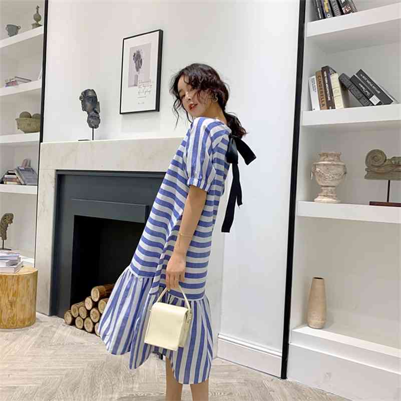

Summer Maternity Dress Short Sleeve Back Bow Lacing Stripe Loose Cotton Linen Large Size es Pregnant Woman Clothing 210721, Blue