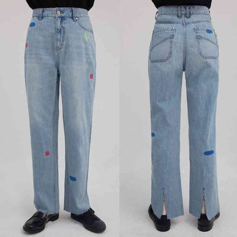 

men's jeans damage hole embroidered graffiti adhere female jeans 1:1 quality return split denim grip error bell pants lower qa8b, Blue