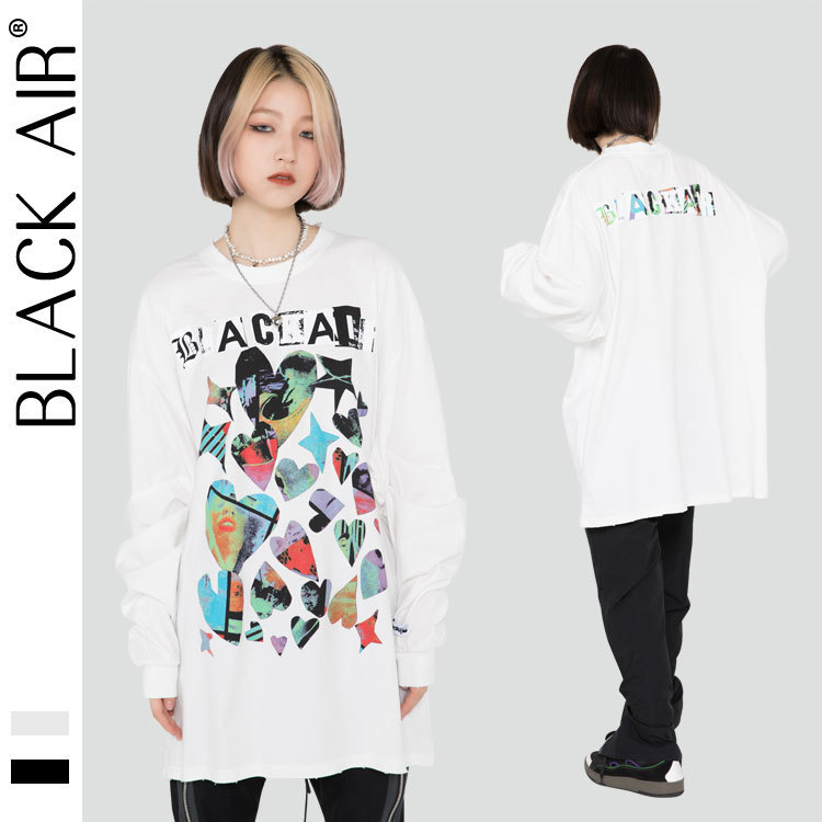 

Blackair autumn winter New Vintage long sleeve Z generation creative stitching print men's and women's 2021 Street T-shirt, White