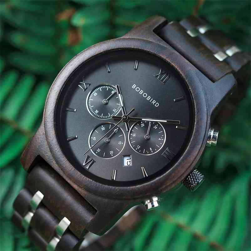 

BOBO BIRD Wooden Watch Men relogio masculino Wood Metal Strap Chronograph Date Quartz Watches Luxury Versatile Timepieces WP19 201209, Slivery;brown