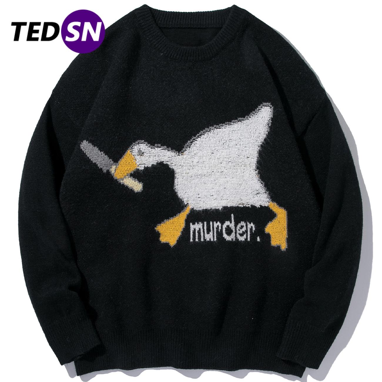 

TEDSN 2021 Winter Duck Cartoon Printed Sweaters Harajuku Korean Style Men Knitted Sweater Murder Oversize Pullovers Unisex Clothing, Sky blue
