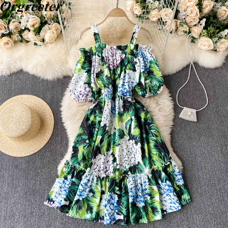 

est Floral Print Knee-length Vacation Dress Sexy Off shoulder Puff sleeve Elastic waist A-line Hydrangea Green 210525