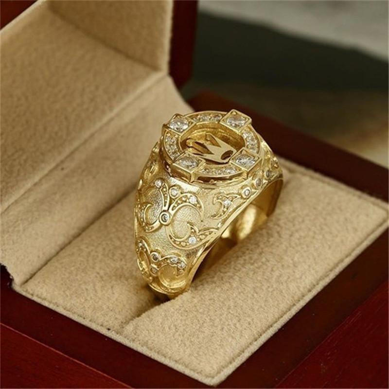 Wedding Rings Fashion Ring Golden Carved Crown For Men Jewelry Promise Full Crystal Vintage Couple Gift-image-703989590