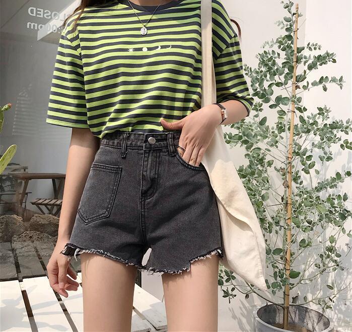 

Women' Jeans Retro Smoke Grey Shorts Irregular High Waist Pocket Denim, Gray