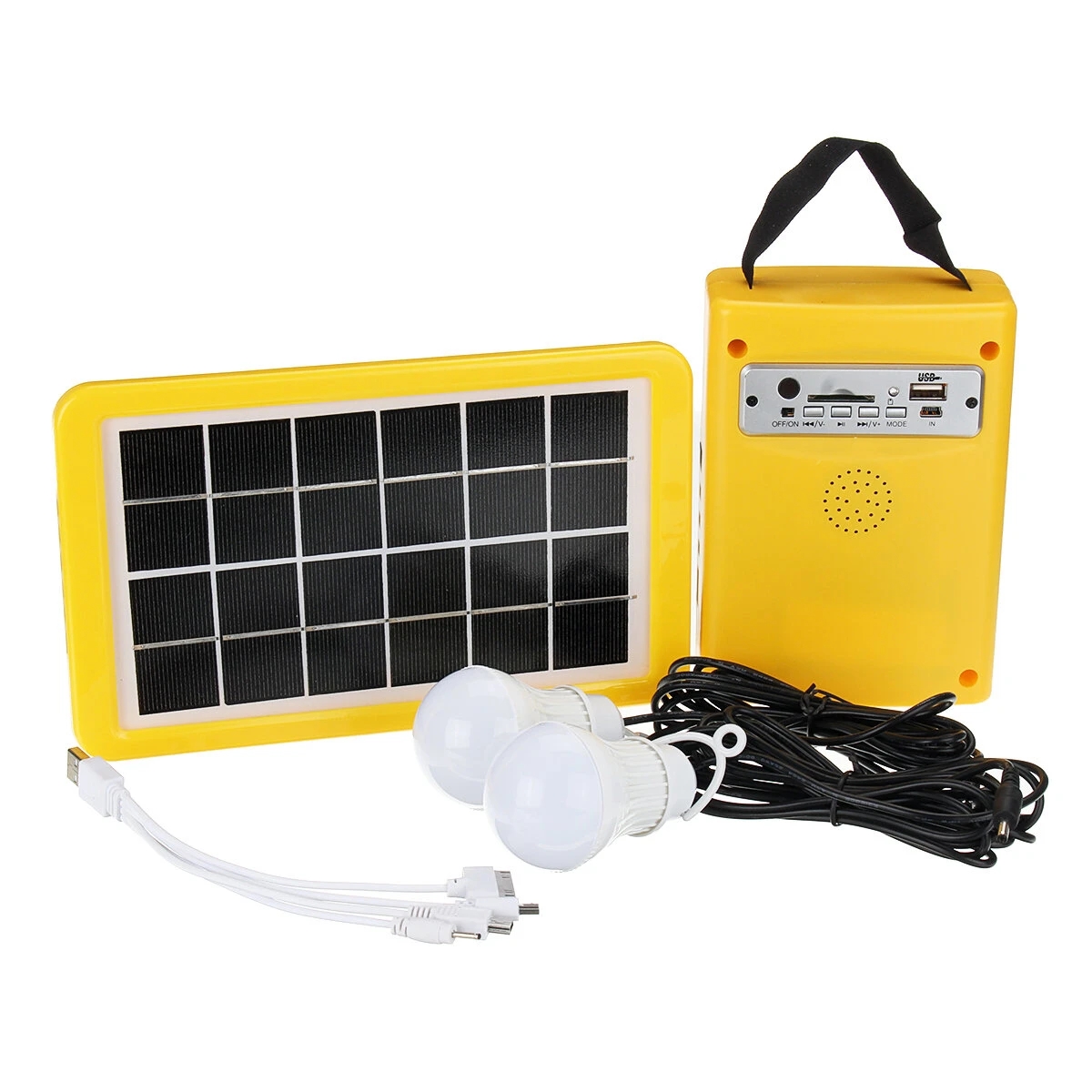 Solar Panel Power Lighting System + 2 LED Light Bulbs USB Charger Support FM Bluetooth SD Card-image-686902940