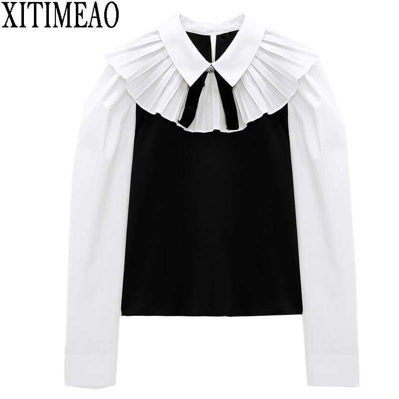 

ZA Women Fashion Long Sleeve Bow Tie Tops Shirt Ladies Black And White Patchwork Female Chic 210604