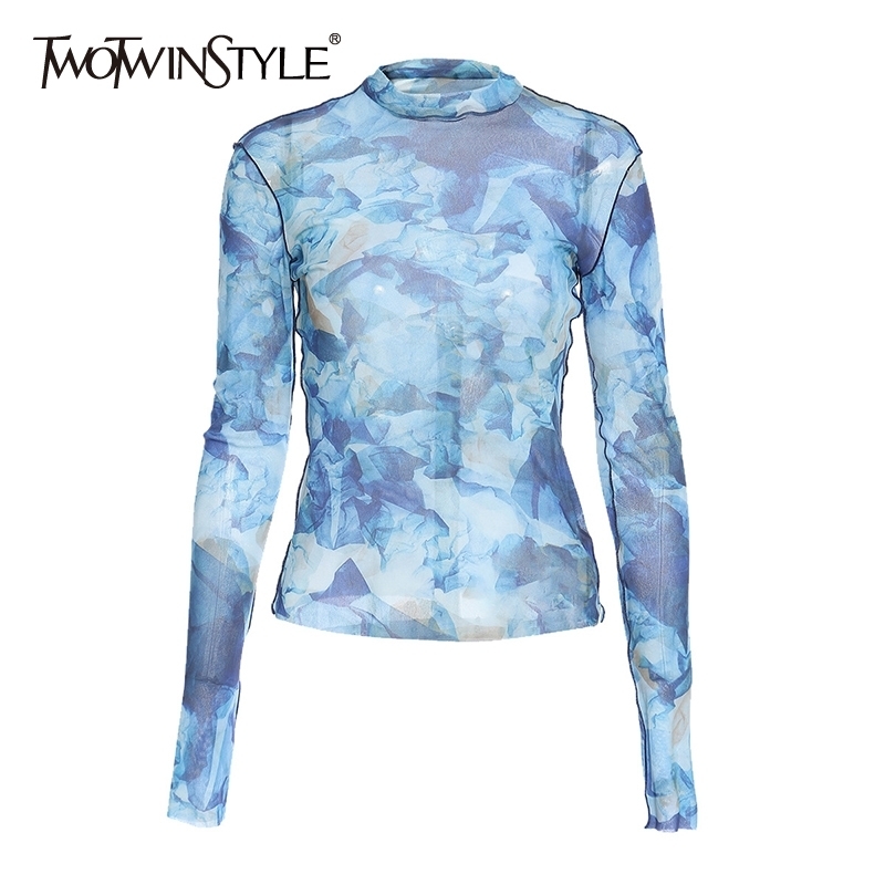 

Tie Dye Hit Color Tops For Women Stand Collar Long Sleeve See Through Mesh T Shirt Female Summer Fashion 210524, Blue