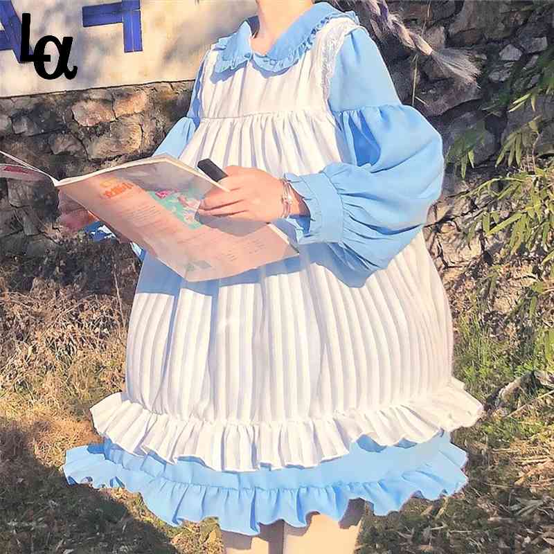 

Sweet Cute Kawaii Girls Lolita Dress Princess Maid Vintage Ruffles Puff Sleeve Black Pink Women Round Collar 210519