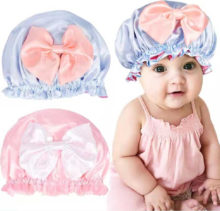 

Berets Double Layer Silky Satin Baby Hair Cap For Sleeping Solid Reversable Beanie Unisex Candy Adjustable Shower Bonnet, Black