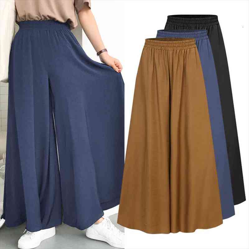 

women elastic waist trousers casual summer loose solid pantalon palazzo ladies wide leg pants, Black;white