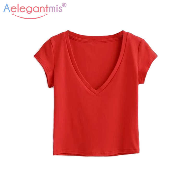 

Aelegantmis Sexy V-Neck T Shirt Women Casual Crop Tops Spring Summer Solid Short T-Shirt Girl Slim Tee Streetwear 210607, Red