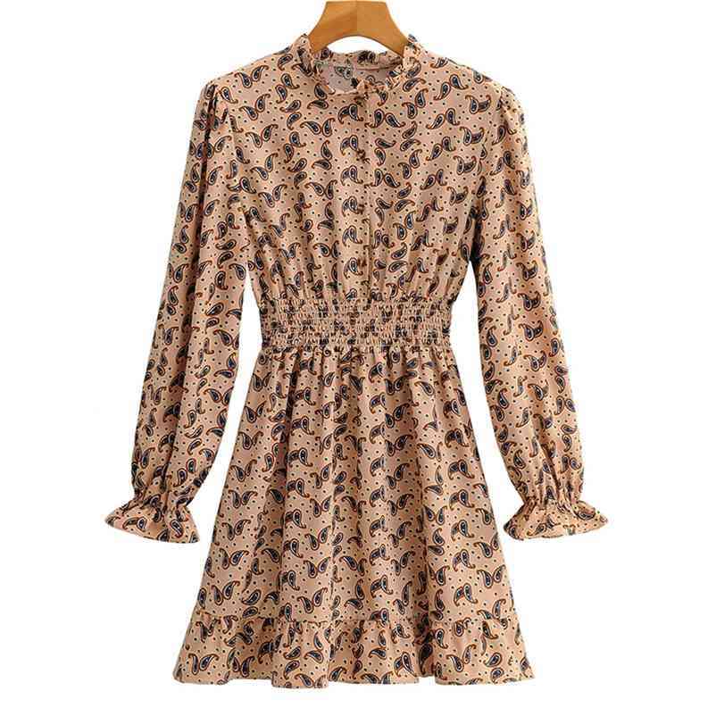 

Summer Women Mini Dress Ladies' O-neck Long Sleeve Floral skirt Female Streetwear 210524, Champagne