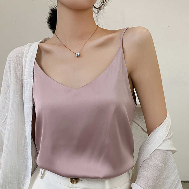 

Korean Fashion Silk Women Tops Woman V-neck Satin Blouses Summer Lady Plus Size Sexy Sleeveless Shirt Halter XXXL 210604, Champagne