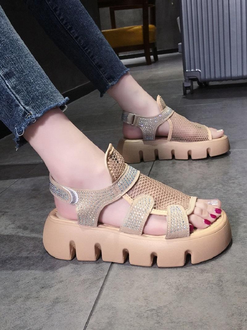 

Sandals Trendy Fashion Sports Thick-Soled Non-Slip Wear-Resistant Exquisite Rhinestone Mesh Summer Fish Mouth Shoes., Black