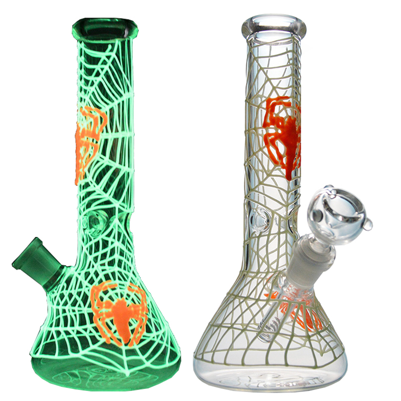 

Glow in the Dark Hookahs Glass Beaker Bongs Spider Web Jellyfish Bong Oil Dab Rig Straight Tube Water Pipes Ice Pinch With Bowl