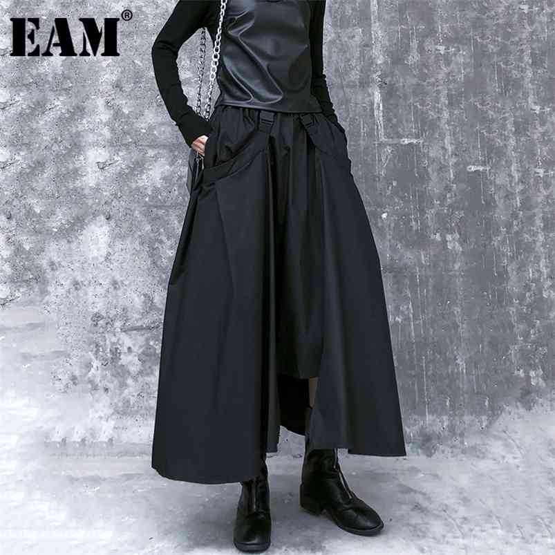 

[EAM] High Elastic Waist Black Buckle Split Joint IrregularHalf-body Skirt Women Fashion Spring Autumn 1DA108 210721