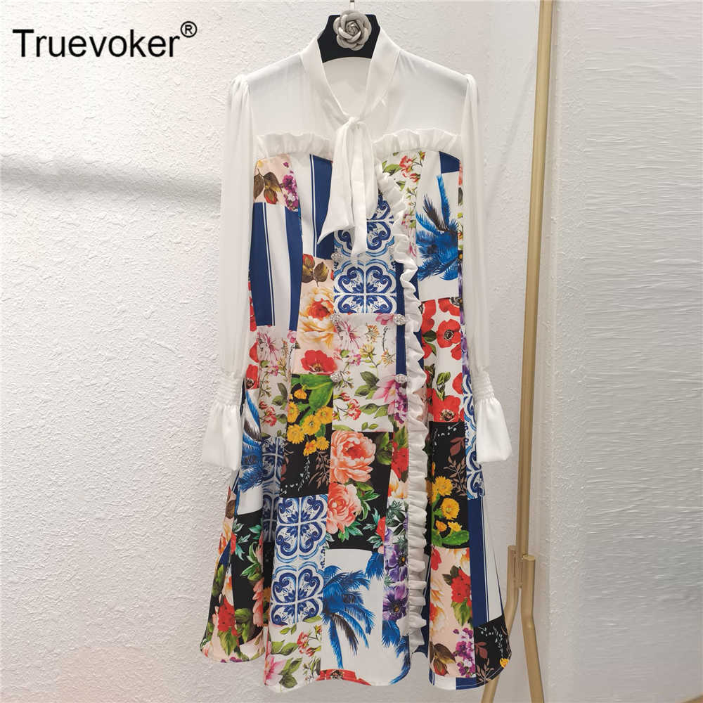 

Truevoker Spring Runway Fashion Dresse' Casual Bow Collar Blue Porcelian Print Festa Vestidos 210602