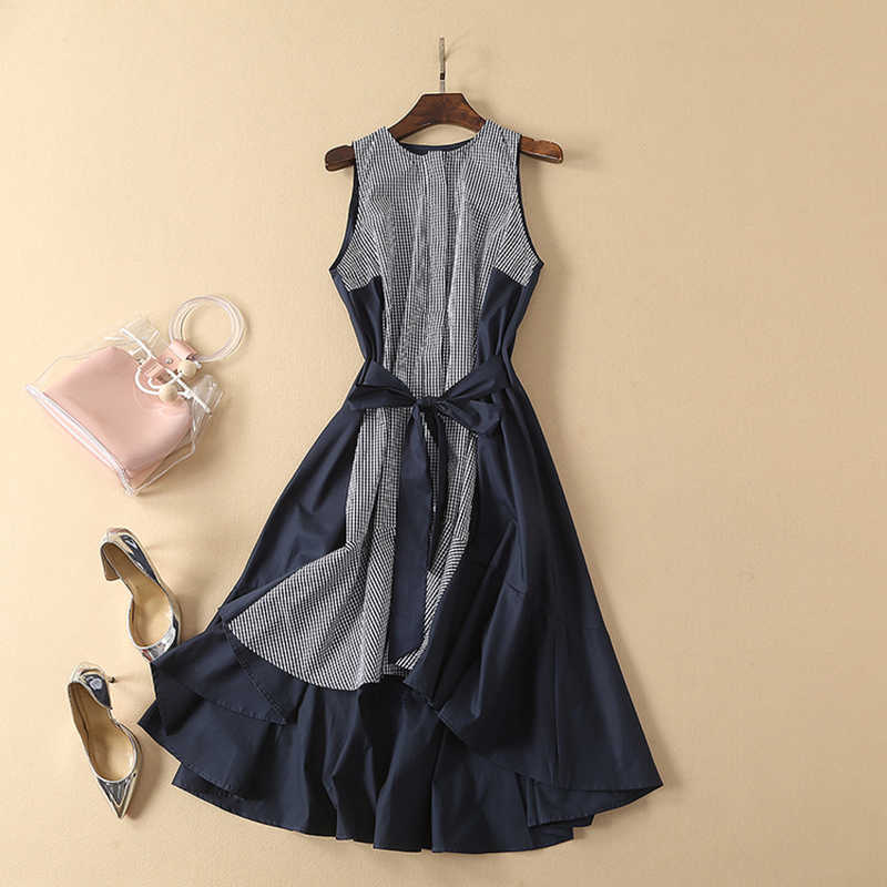 

Sale HIGH QUALITY est Fashion Designer Runway Dress Women's Sleeveless Plaid Print Patchwork Dovetail 210526, Blue