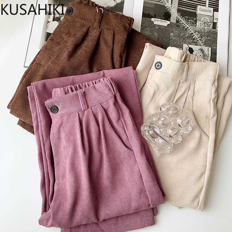 

KUSAHIKI Corduroy Women Pants Korean Solid High Waist Long Trousers Causal Spring Wide Leg Pants Mujer Pantalones 6F540 210602, Pink