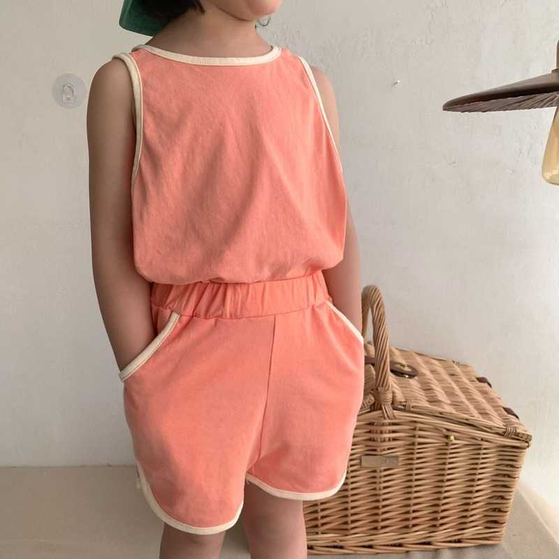 

Korean style summer children solid color clothes sets boys girls cotton loose sleeveless vest and shorts 2pcs suits 210615, Blue