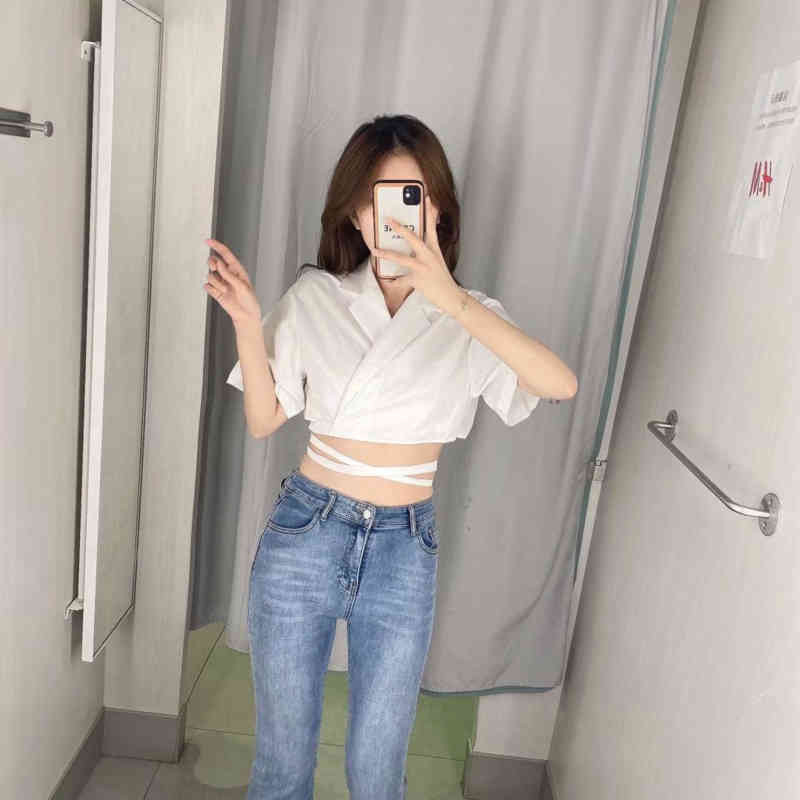 

Solid Crop Top Women V Neck Turn Down Collar Short Sleeve Bandage Tie Hem Blouses Female Casual Streetwear Chic White
