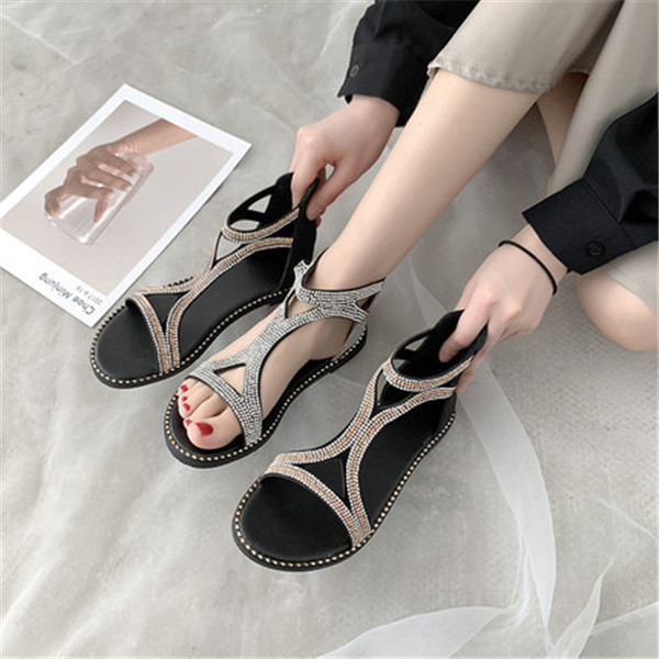

2020 summer new rhinestone sandals female ins tide net red women's shoes back zipper flat bag with women's sandals DSF-0061, Black