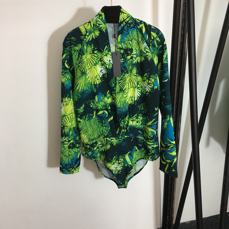 

Classic Flora Print Bodysuit Swimwear Fashion Elastic Charm Women One Piece Swimsuits Sexy Neck Lady Brand Swimsuits, Green