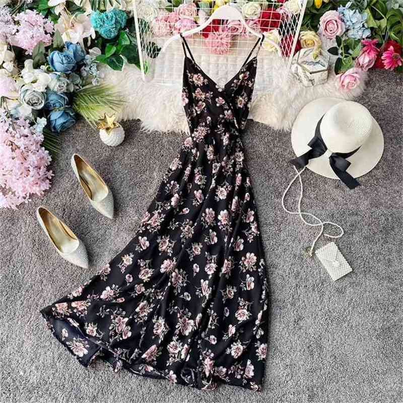 

Women Dress Summer Spaghetti Sexy Bodycon es Vestidos Mujer Woman V-neck Vintage Floral Printed Party 210525