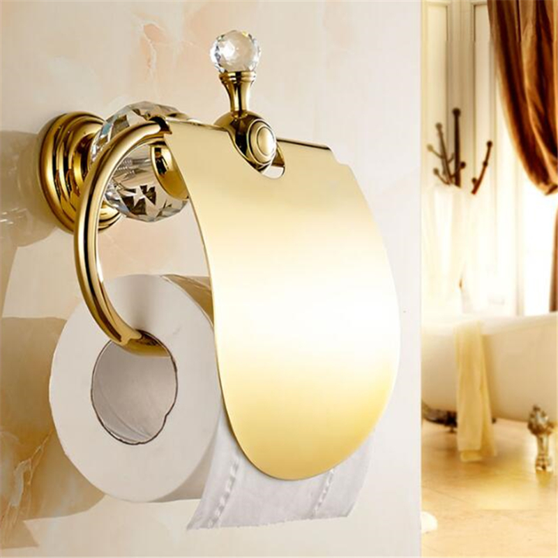 

Tuqiu Paper roll Holder Gold Total Brass Toilet Paper Holder Luxury Crystal Decoration Waterproof Tissue Box Holder