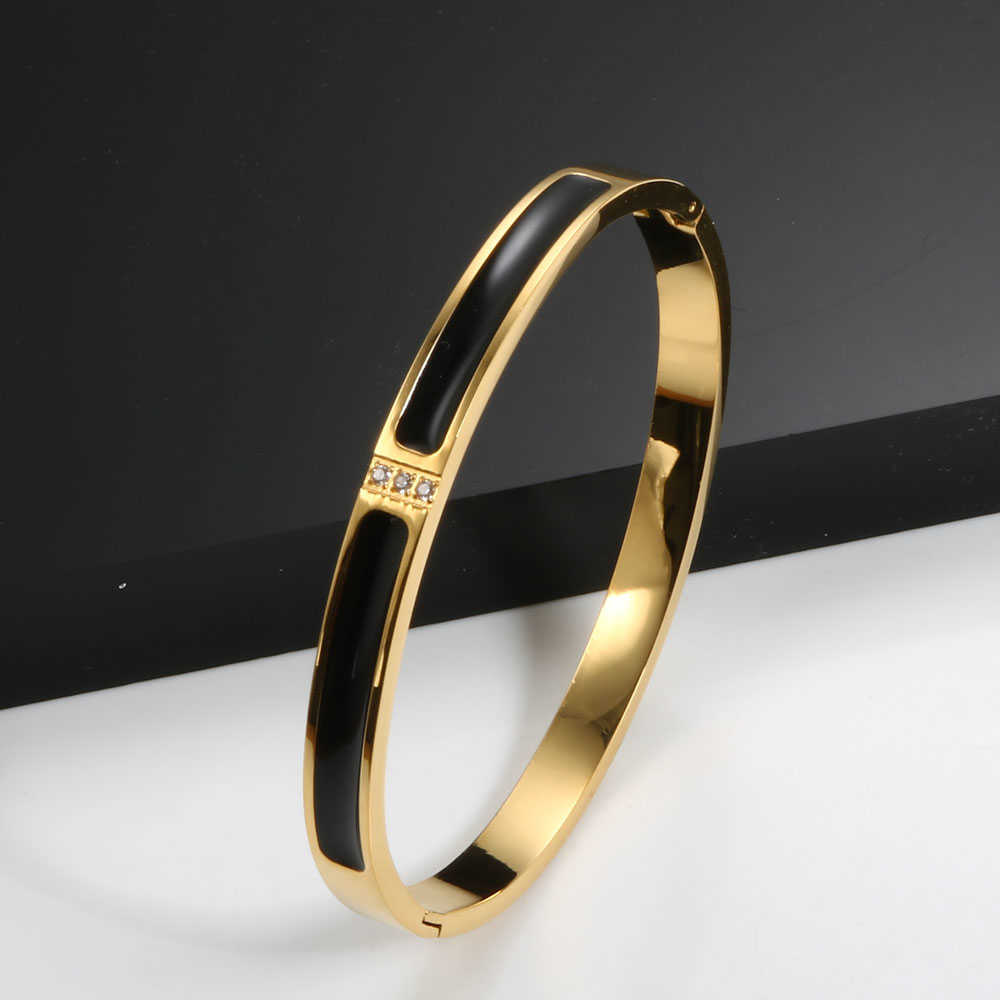 

Fashion Enamel Bangles Bracelets Stainless Steel Cz Crystal Gold with Black Red Blue Colorful Bangle for Women Luxury Jewelry Q0719
