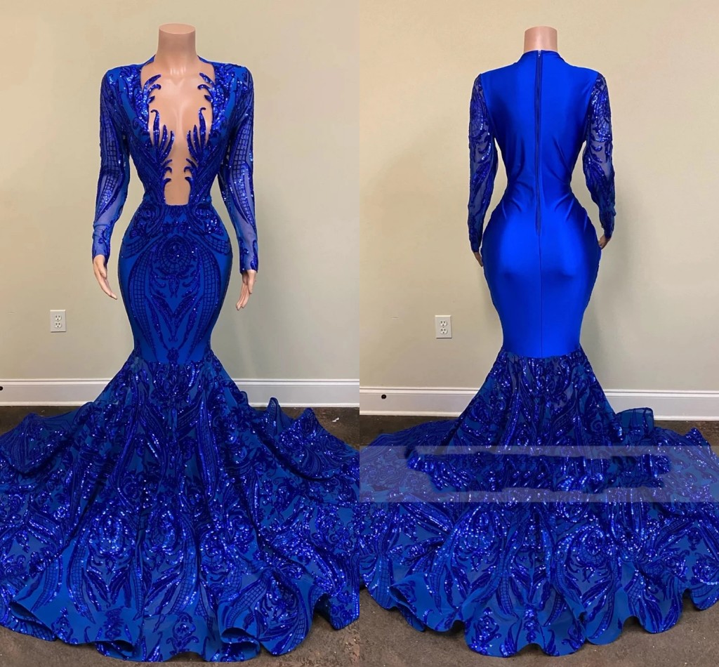 

Royal Blue Mermaid Prom Dresses Sparkly Shiny Lace Sequins Long Sleeve Sexy Black Girls African Trumpet Evening Celebrity Gown, White