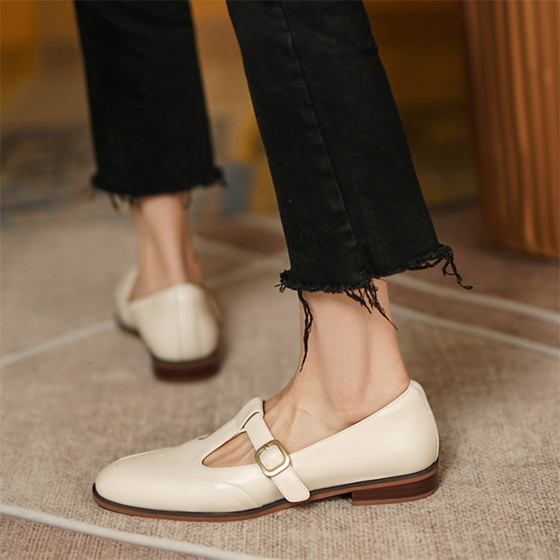

Dress Shoes Mary janes shoes real leather woman low heel block buckle bombs t-tied women's beige spring big 40 UXY2, 1# shoe box