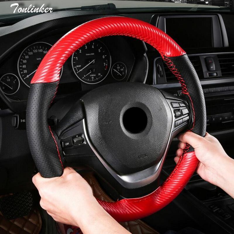 

Steering Wheel Covers Tonlinker PU Leather+Carbon Fiber Universal Car Steering-wheel Cover 38CM Car-styling Sport Auto Anti-Slip