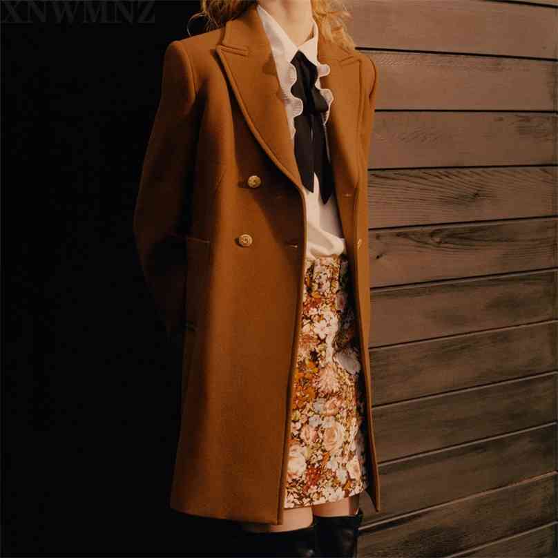 

women wool blend double-breasted coat Lapel collar long sleeves metal buttons Female Outerwear Chic 210520, Camel