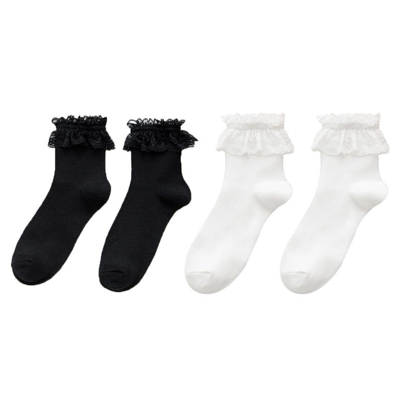 

Men's Socks Japanese Lolita Mesh Crew Sweet Ruffled Lace Frilly Hollow Cotton Hosiery, Black
