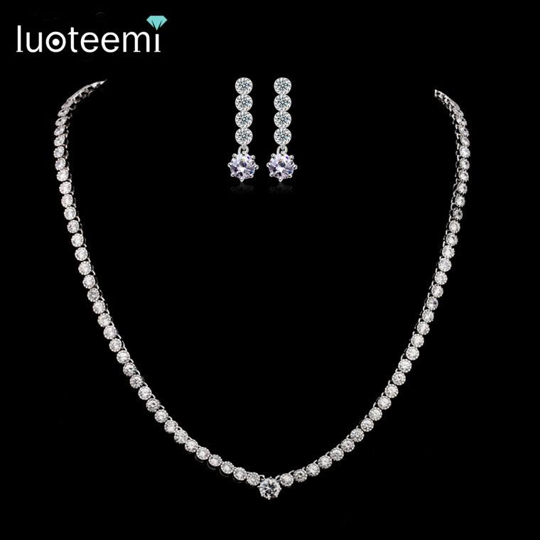 

Earrings & Necklace LUOTEEMI Classic Design Luxury Bridal Jewelry Tennis Set High Quality Cubic Zirconia Simple Bridesmaid, As pic