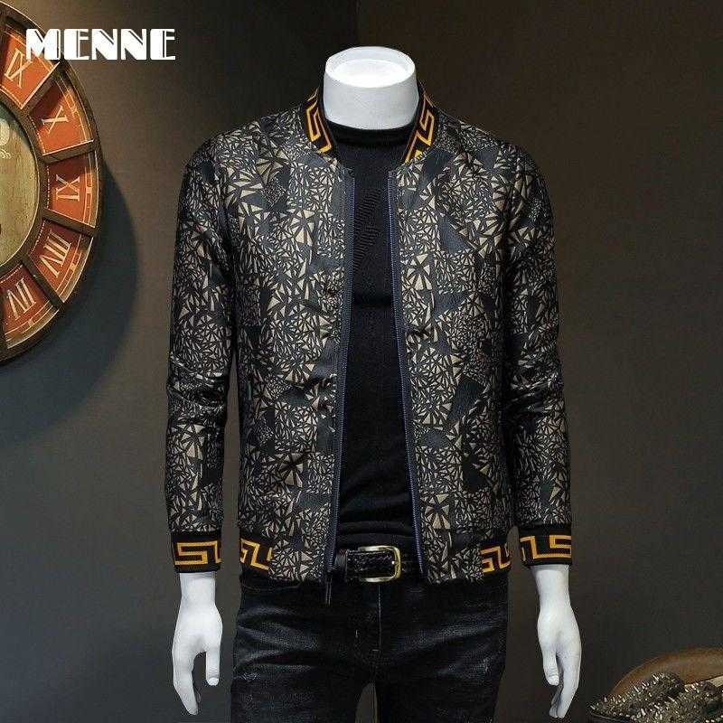 

MENNE 2021 men jacket Casual baseball collar spring /autumn jacket men Golden braided geometric figures jacket for men style X0621, Beige