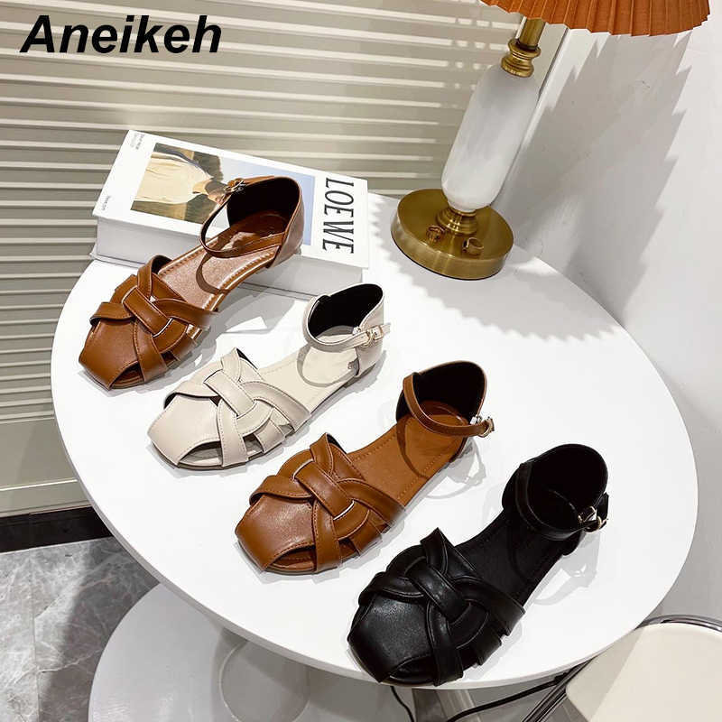 

Aneikeh Summer Flat with Sandals PU Ankle-Wrap Buckle Strap Cover Heel Solid Shallow Casual Leisure Apricot Size -39 210615, Black
