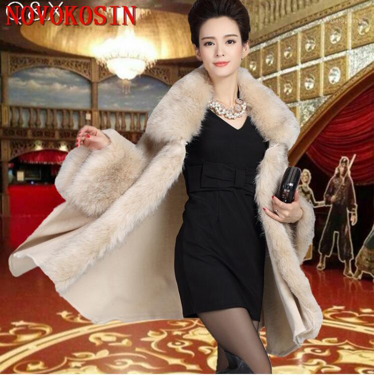 

Scarves 2021 Plus Size Long Sleeve Cardigan Cloak Coat Women Autumn And Winter Patchwork Fur Collar Poncho Imitation Cashmere